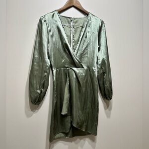 Silky Satin Deep V Neck Open Back Long Sleeve Cocktail Mini Dress Green